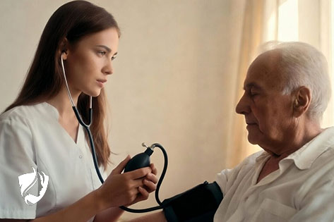 Консультация терапевта — внимательный осмотр пациента врачом-терапевтом славянской внешности, на фоне медицинская техника и плакаты.